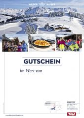 Gutschein vom Wilden Kaiser mit vier Fotos von Skigebiet und Hüttenkulinarik